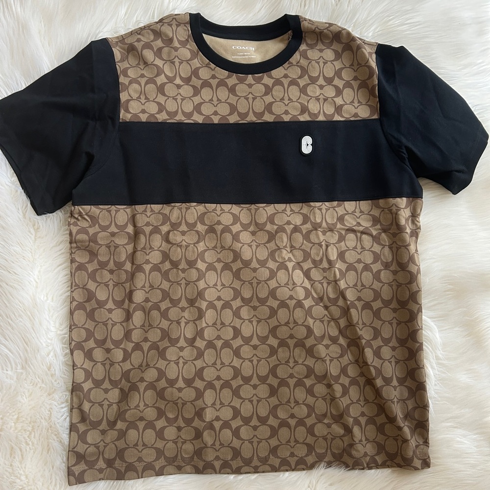 Coach Brown Patterned Tee with Black Sleeves NWT - image 1
